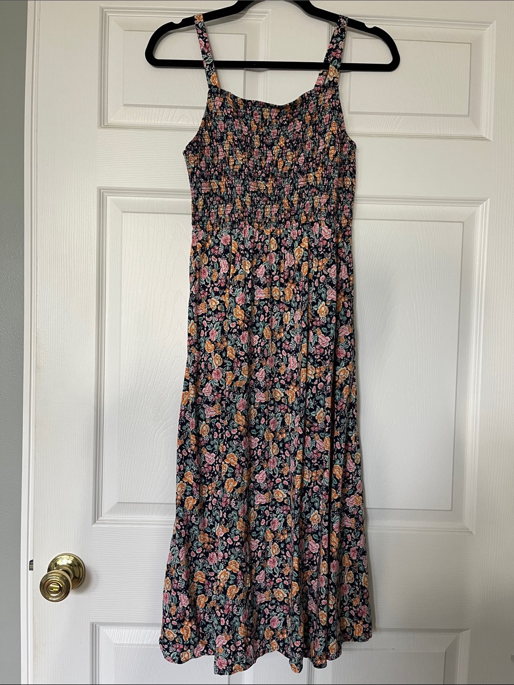 Floral Smocked Maxi Dress in Navy with Pink & Orange Flowers - XS